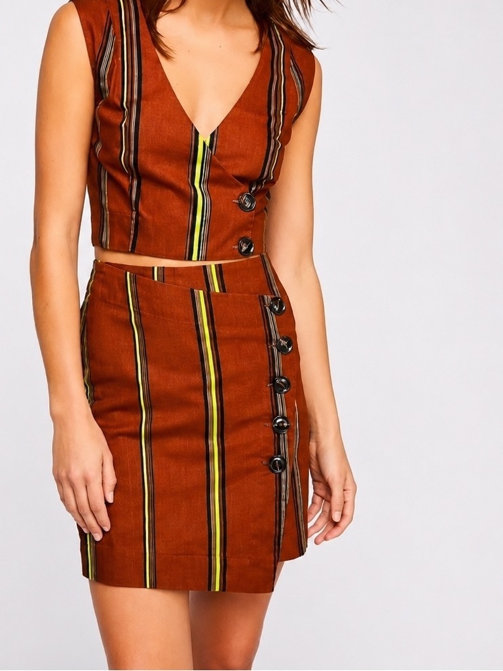 Free People Asymmetrical Button Striped Wrap Mini Skirt